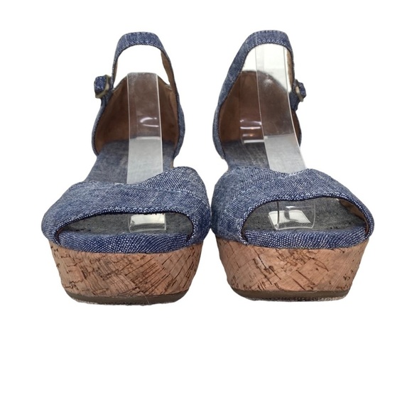 Tom’s Blue Denim Stacked Cork Wedge Peep Toe Sandals - Picture 3 of 9